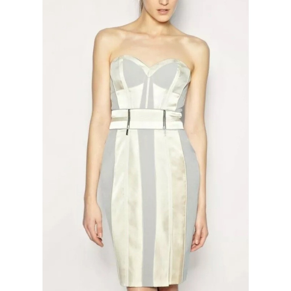 Karen Millen Beige & Champagne Corset‎ Fitted Dress, Removable Straps, Sz 8